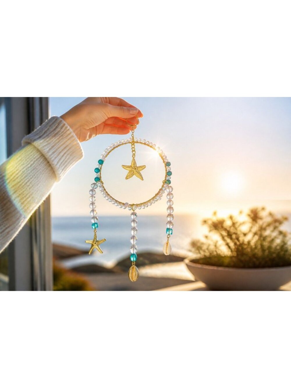 Starfish & Shell Crystal Dreamcatcher Hanging Decoration - 5" Diameter Coastal H
